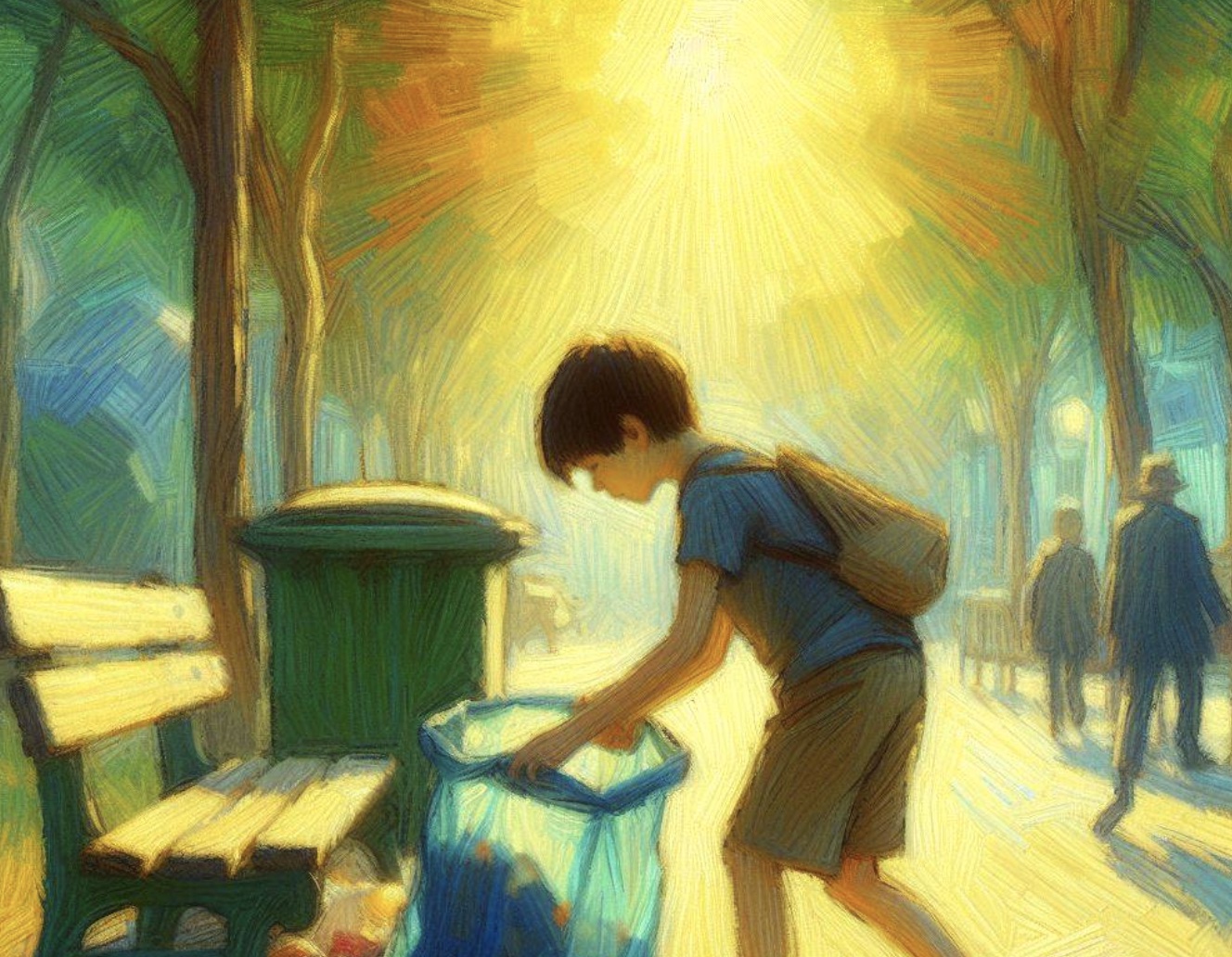 child picking up garbage, painting