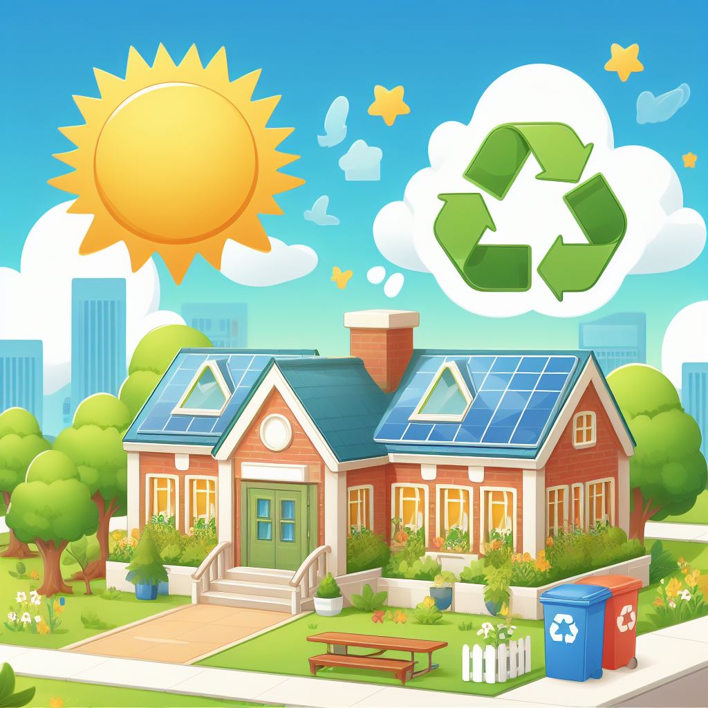 picture of school with sun and recycling sign